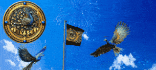 two birds are flying in front of a shield that says xiii on it