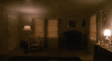 a white horse standing in a living room with a lamp