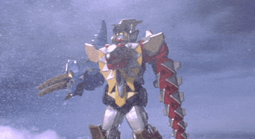 a robot with a sword is flying in the air