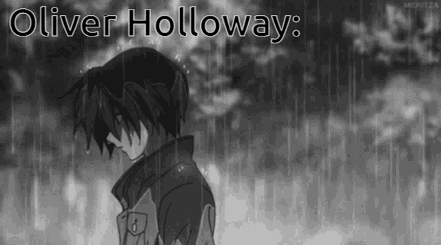 a black and white drawing of a boy in the rain with the name oliver holloway