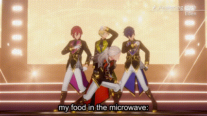 a group of anime characters are dancing on a stage with the words `` my food in the microwave '' written below them .