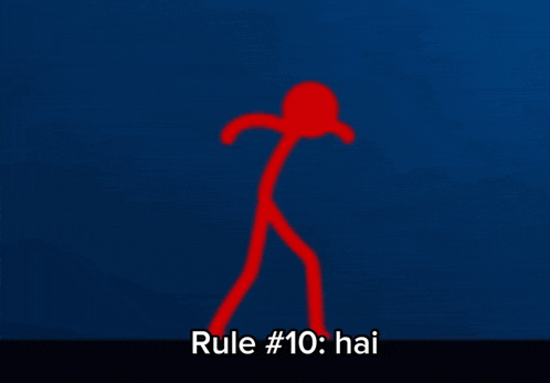 a red stick figure on a blue background with rule # 10 hai below it