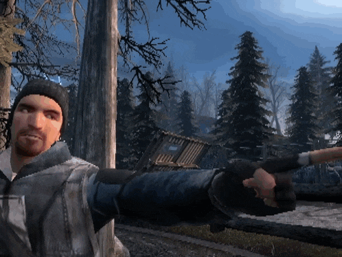 a man in a video game is standing next to a tree with his arms outstretched