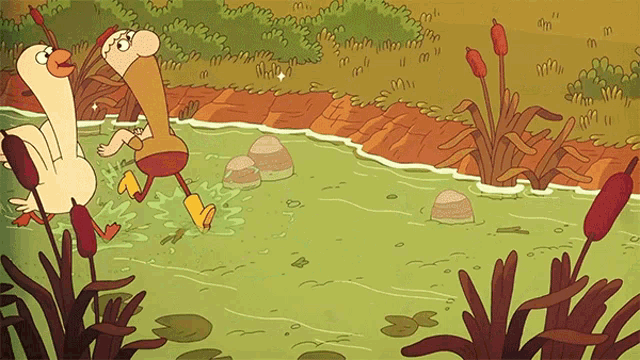 a cartoon drawing of a duck and a man running in a river