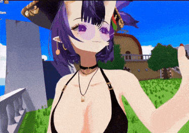 a cartoon girl with purple hair and a choker is standing in a field