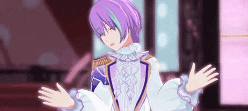 a girl with purple hair and blue streaks is standing with her arms outstretched in a video game .