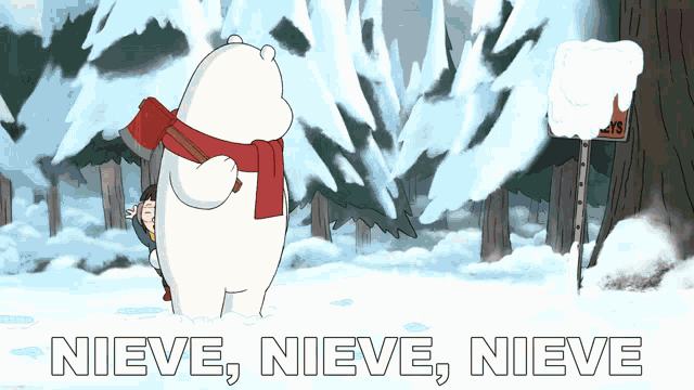 a cartoon of a polar bear with a scarf around his neck and the words nieve nieve nieve on the bottom