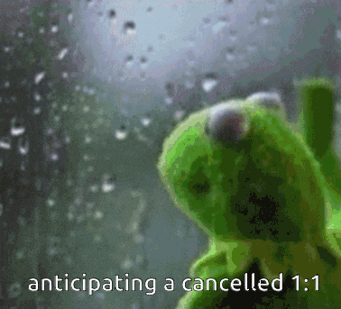 kermit the frog looking out a window with the words anticipating a cancelled 1 : 1 below him