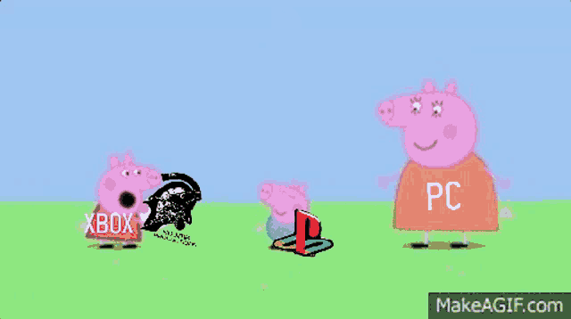 a cartoon of peppa pig standing next to a playstation and an xbox