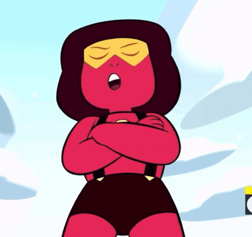 a red cartoon character with her arms crossed and a yellow mask