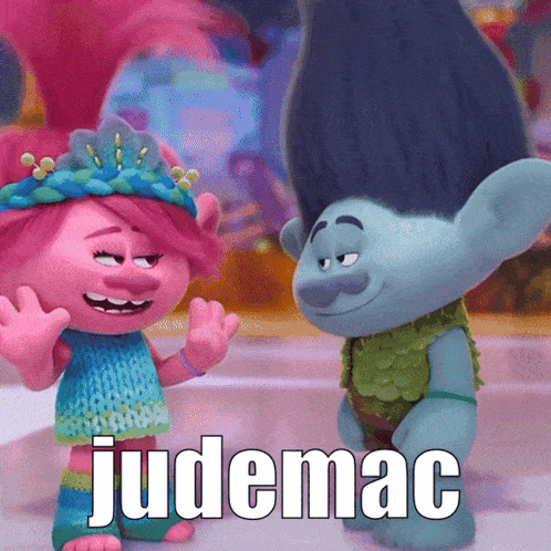 two trolls are standing next to each other and the word judemac is on the bottom of the picture