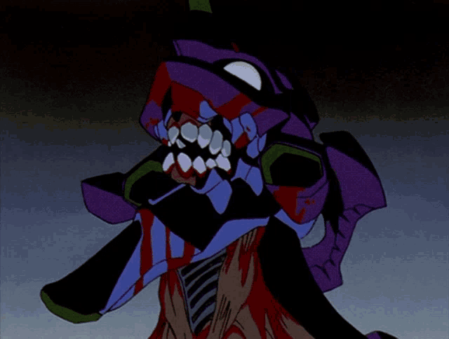 a cartoon drawing of a purple robot with a huge mouth and teeth