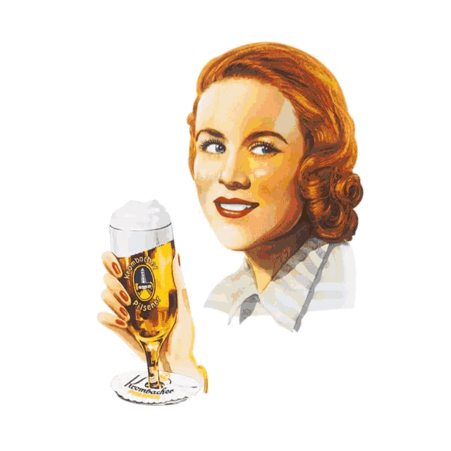a painting of a woman holding a glass that says pilsener