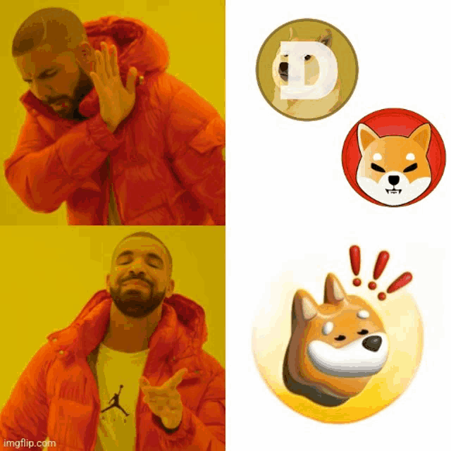 a man in an orange jacket is making a funny face with a doge coin in the middle