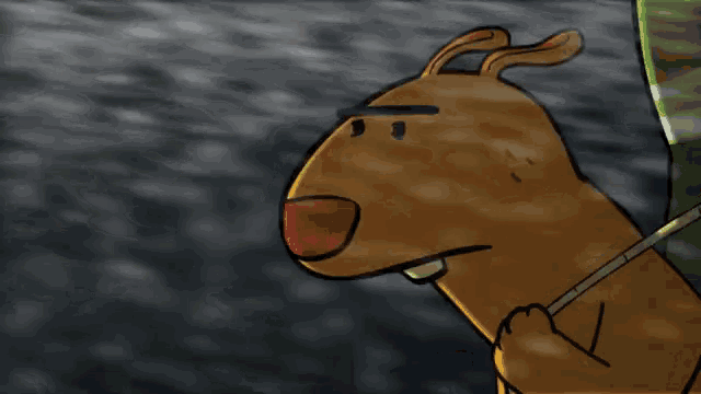 a cartoon drawing of a dog holding a stick