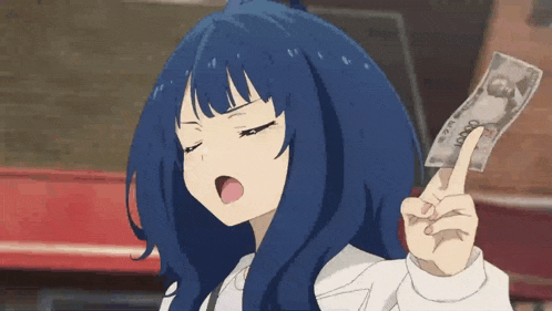 a blue haired anime girl is holding a money bill in her hand .