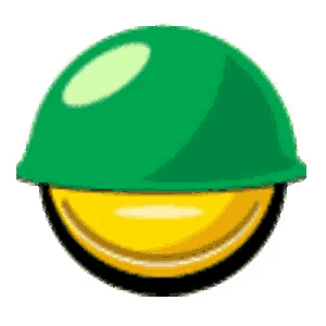 a green helmet with a yellow smiley face underneath it