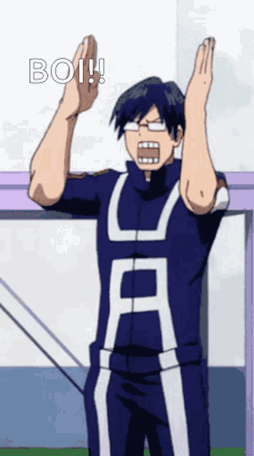 a man in a blue uniform with the letter a on it is standing with his arms in the air and screaming .