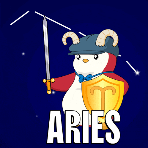 a penguin with horns and a sword and shield with the word aries on it