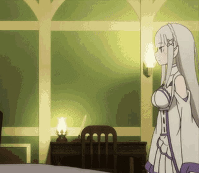 a girl with white hair is standing in a room with a lamp on the wall