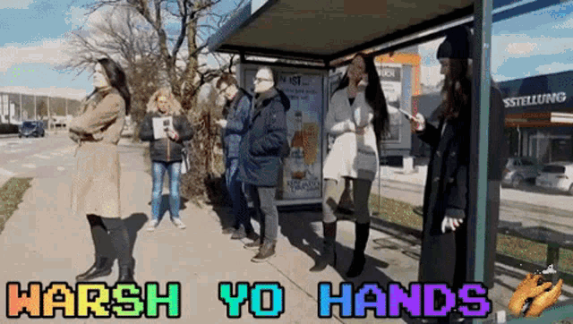a group of people waiting at a bus stop with the words " harsh yo hands " on the bottom