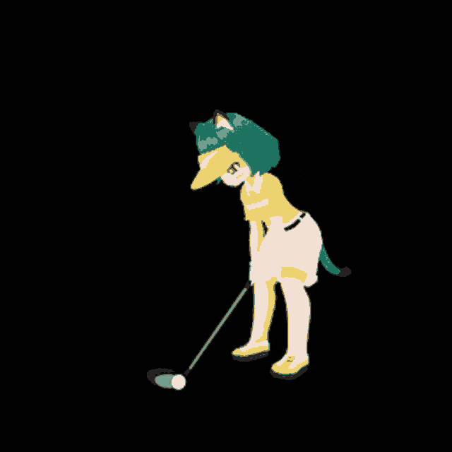 a girl with green hair is swinging a golf club at a golf ball