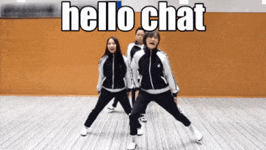 a group of people are dancing with the words hello chat written above them