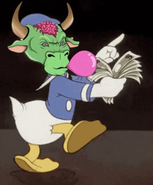 a cartoon of donald duck blowing a pink bubblegum and holding money