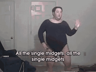 a man in a leotard is dancing in a room with the words all the single midgets