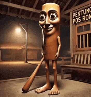 a cartoon character is standing in front of a sign that says " pentong pos rong "