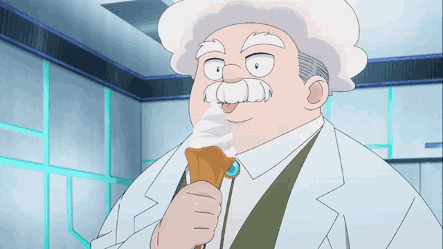 a cartoon character with a white hat and mustache is eating a cone of ice cream