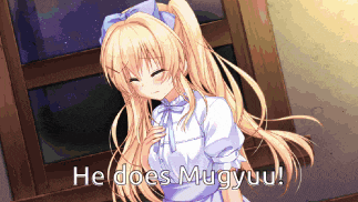 a girl with blonde hair is standing in front of a window with the words he does mugyuu on the bottom