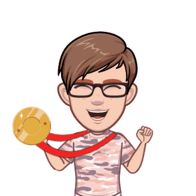 a cartoon of a man wearing glasses holding a medal