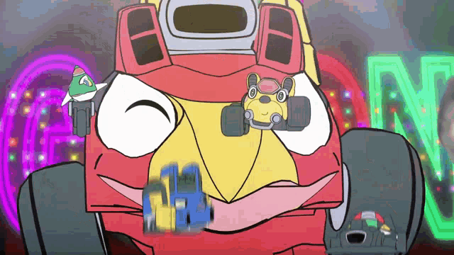 a cartoon drawing of a robot with a neon sign in the background