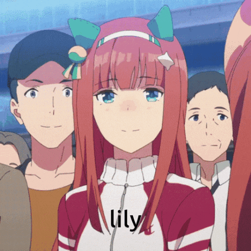 a girl with red hair and the word lily on her jacket