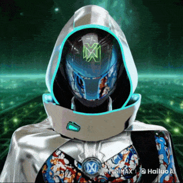 a futuristic character with a hood and a helmet with the letter m on the front