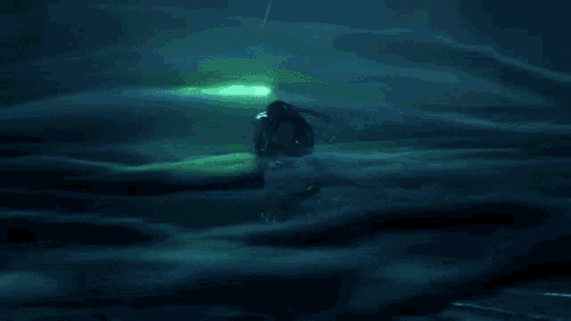 a person in a video game with a green light coming out of their hands