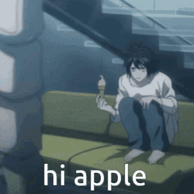 a person is sitting on a couch holding an ice cream cone with the words hi apple written below them