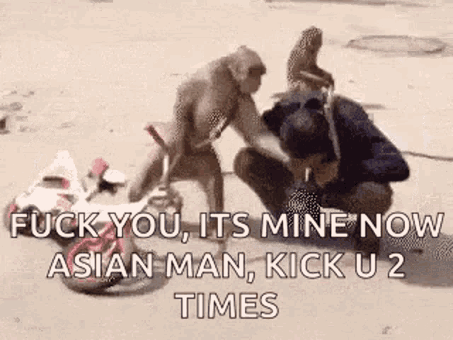 two monkeys are standing next to a man on a motorcycle and talking to him .