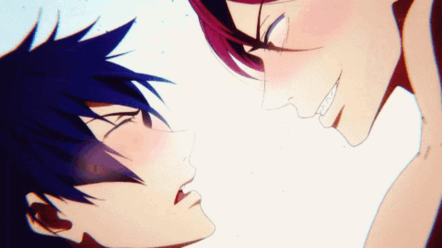 a close up of two anime characters looking at each other with their eyes closed