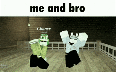two roblox characters are dancing in a room with the words me and bro above them