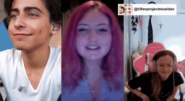 a man and two women are talking on a video call . one of the women has pink hair .