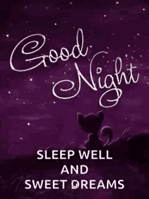 a cat is sitting in the grass under a starry night sky with the words `` good night sleep well and sweet dreams '' .