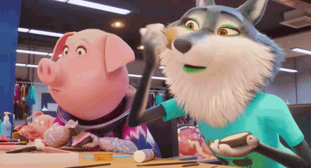 a wolf and a pig are standing next to each other in a room