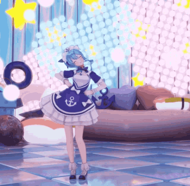 a girl in a maid dress with an anchor on it is dancing