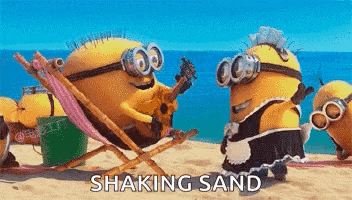 a group of minions are sitting on a beach playing guitar and shaking sand .