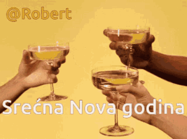 a group of people toasting with champagne glasses with the words " srecna nova godina " written on the bottom