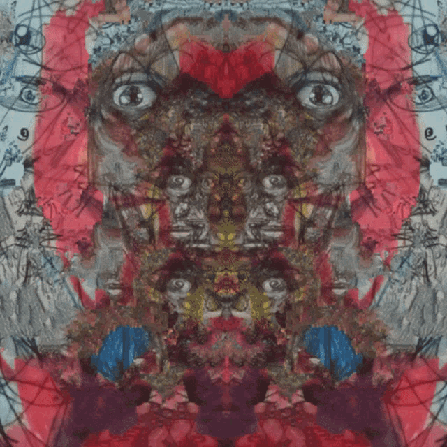 a painting of a face with a red background