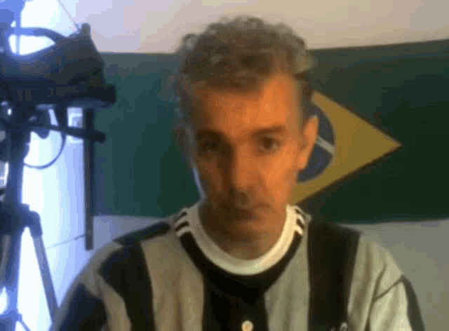 a man wearing a black and white striped shirt stands in front of a brazilian flag