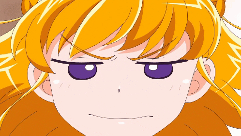a close up of a girl 's face with purple eyes and yellow hair